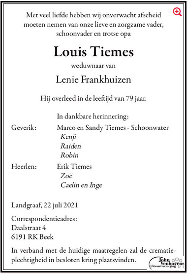 Overlijdensbericht Louis Tiemes